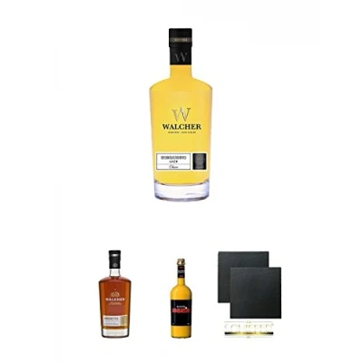Abbildung von Walcher Bombardino Ei Rum Likör 17% 0,7 Liter + Noisetto 21% Südtirol Roner Italien 1,0 Schiefer Glasuntersetzer eckig ca. 9,5 cm Ø 2 Stück