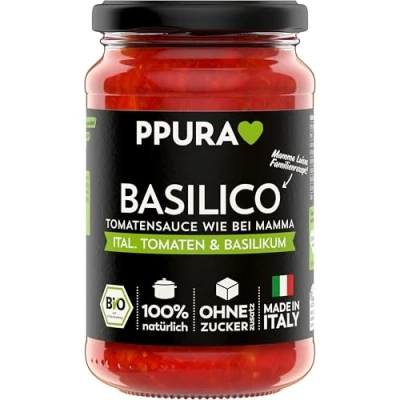 Abbildung von PPURA Bio Tomatensauce Basilico Pasta Sauce mit italieischem Basilikum Sugo Made in Italy 100% Natürlich Nudel Soße Vegan Zuckerzusatz &amp; Konservierungsstoffe 340g Glas