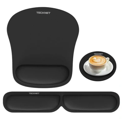Abbildung von TECKNET 3 in 1 Mauspad Set, Ergonomisches Mousepad, Handballenauflage für Tastatur &amp; Untersetzer, Memory Foam Schmerzlinderung, Faltbar, Wasserdicht Mausmatte Reisen, Spiele, Zuhause Büro