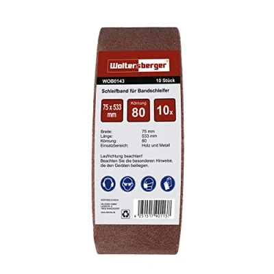 Abbildung von Woltersberger® Schleifbänder 10 Stück Größe 75x533mm Körnung P80 Gewebe Schleifband Bandschleifpapier Bandschleifer zum Schleifen, Feilen, Schärfen und Entrosten