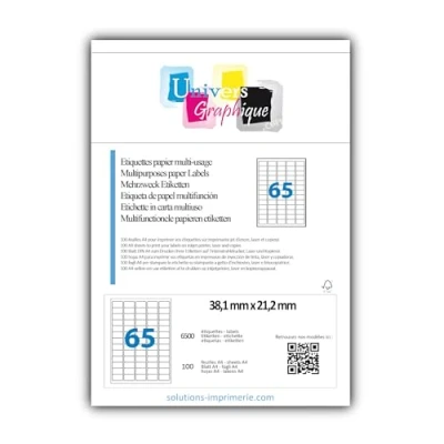 Abbildung von 100 Bogen DIN A4 zu je 65 Mini etiketten (38,1 x 21,2 mm) = 6.500 bedruckbare Etiketten, permanent haftend, mattweiß. Kompatibel mit allen gängigen Drucksystemen und Softwareprogrammen.