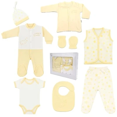 Abbildung von Blue Eyes Neugeborenen Baby Geschenk Set 100% natürliche Baumwolle Erstausstattung Unisex Kleidung für Babys 0 4 Monate 8 teilig (Stern Gelb)