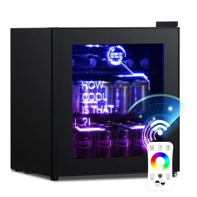 Abbildung von HCK 48L Mini Kühlschrank mit Glastür leise 39dB, Cyberpunk Getränkekühlschrank LED Beleuchtung, Flaschenkühlschrank, Fridge 0 15C für Gaming Deko, Minibar, Party, Schwarz