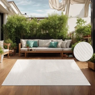 Abbildung von TT Home In &amp; Outdoorteppich Wetterfest Balkon Schlafzimmer Boho Skandi Motiv Unifarben, Farbe:Hellbeige Creme, Größe:60x100 cm
