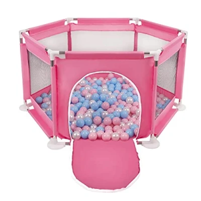 Abbildung von Selonis Sechseckiger Laufstall Mit 900 Bälle Laufgitter Für Kinder, Rosa:Babyblau/Puderrosa/Perle