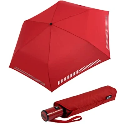 Abbildung von iX brella Taschenregenschirm Kinderschirm mit Auf Zu Automatik, reflektierend, Sicherheit durch Reflex Streifen rot
