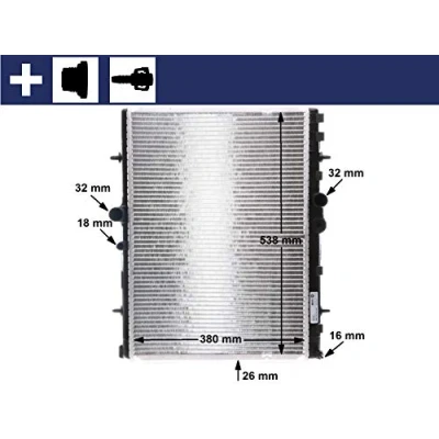 Abbildung von MAHLE ORIGINAL CR 31 000S Kühler, Motorkühlung 540 380 26 mit Schlauch Kühlrippen gelötet PEUGEOT: 307 Schrägheck, CC, SW