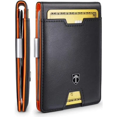 Abbildung von TRAVANDO Austin Herren Slim Wallet mit Geldklammer RFID blockierendes Bifold Kreditkartenetui für Männer Geschenkbox, schwarz/orange