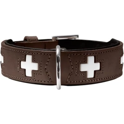 Abbildung von HUNTER Hundehalsband SWISS, Farbe: braun/schwarz, weiches Rindnappaleder, handvernähte Schweizer Kreuze, langlebig und komfortabel, hochwertige Handarbeit, Made in Germany, Größe: S M (47)