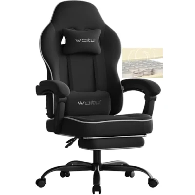 Abbildung von WOLTU Gaming Stuhl mit Taschenfederkissen, Sessel 150 kg Belastbarkeit, ergonomischer Drehstuhl, Gamer Kopfkissen, Lendenkissen, Fußstütze, Tech Stoff, Schwarz, GS10sz