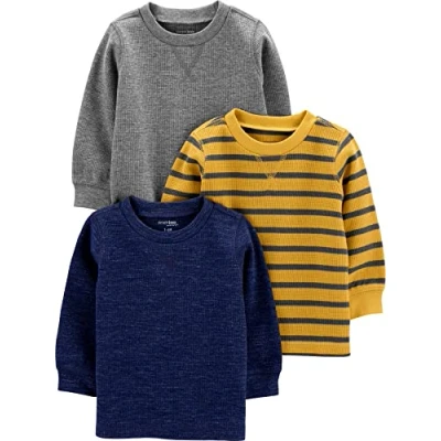 Abbildung von Simple Joys by Carter&#039;s Jungen 3 Pack Thermal Long Sleeve Shirts Hemd, Gelb Streifen/Grau/Marineblau Heidekraut, 6 9 Monate (3er Pack)