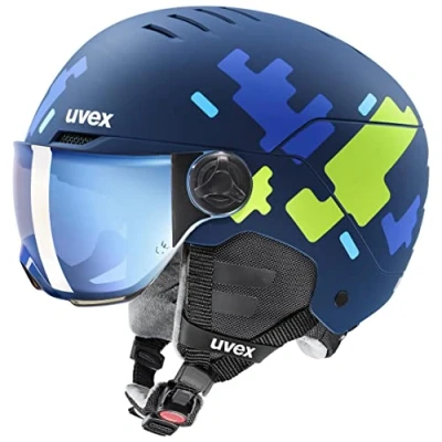 Abbildung von uvex rocket jr visor robuster Skihelm für Kinder mit Visier optimierte Belüftung blue puzzle matt 51 54 cm