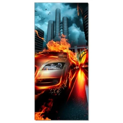 Abbildung von Wallario Selbstklebende Türtapete Brennendes fahrendes Auto Türposter 93 x 205 cm Abwischbar, rückstandsfrei zu entfernen