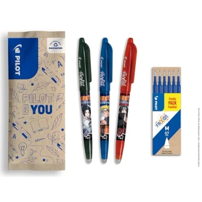 Abbildung von PILOT x Naruto FriXion Ball Set mit 3 Kugelschreibern, Schwarz, Blau, Rot + 1 6 blauen Minen radierbare Stifte Shipudden Limited Edition nachfüllbare Tintenroller Blau