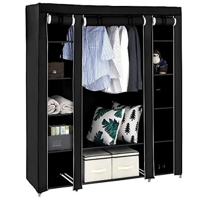 Abbildung von LEADZM Kleiderschrank, Faltschrank Stoffschrank Faltbare Garderobe Canvas mit Reißverschluss, Fächern, für Schlafzimmer, Wohnzimmer (Schwarz, 150 x 45 175 cm)