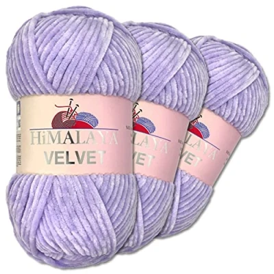 Abbildung von Wohnkult Himalaya 3 x 100 g Velvet Dolphin Wolle 40 Farben zur Auswahl Chenille Strickgarn Flauschwolle Glanz Accessoire Kleidung Decken (90005 Flieder)