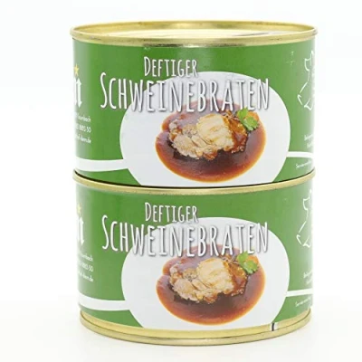 Abbildung von 2 X Konserve Diem 400g Schweinebraten Sonntagsbraten Braten Soße 240g Fleisch aus der Schulter je lange haltbar