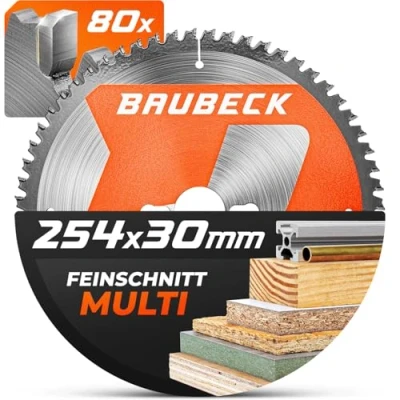 Abbildung von BAUBECK Sägeblatt 254x30 2.2mm Feinschnitt in Holz &amp; Alu, 80 Zähne für Kapp Tischkreissägen, wie Metabo KGS 254 M, Bosch GTS 10 XC, PTS kompatibel, Kreissägeblatt 254, Kappsägeblatt