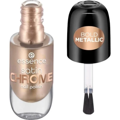 Abbildung von essence satin CHROME nail polish, Nr. 01, Gold, abdeckend, Expressergebnis, hochpigmentiert, metallisch, vegan, ohne Mikroplastikpartikel, Parfüm, Parabene, 1er Pack (8ml)