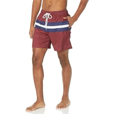Abbildung von Amazon Essentials Herren Badehose, Schnell Trocknend, 18 cm Auslauffarben, Burgunderrot Marineblau Streifen, L