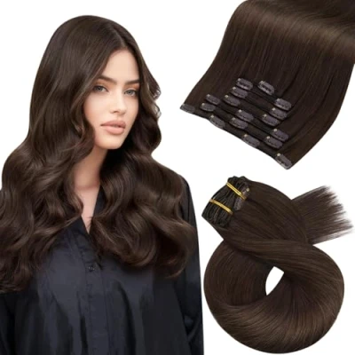 Abbildung von Moresoo Haarverlängerung Echthaar Clip in Extensions Dunkelbraun Remy Haarextension Menschliches Haar Dicke Haare 55 cm Doppelt Tressen Glatt 7 Stück 120g