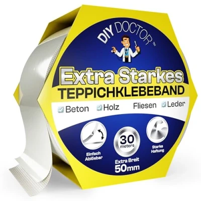 Abbildung von DIY Doctor Doppelseitiges Teppichband 50mm x 30m Starkes Klebeband für Zuhause &amp; Beruf