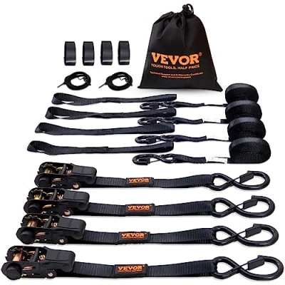 Abbildung von VEVOR 4er Set Spanngurt 0,025 x 4,6 m Zurrgurt 998 kg Ratschenzurrgurt Polyester Gurt Kohlenstoffstahl Haken Befestigungsgurt Ratschenspanngurt Ideal für Motorräder Fahrräder Kajaks UTV Boote ATV