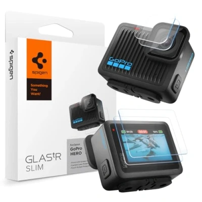 Abbildung von Spigen Glas.tR Slim Schutzfolie kompatibel mit GoPro Hero 4K, 4 Stück (2 Objektiv Schutzglas + 2 Touchscreen Schutzglas), Anti Kratzer, Kristallklar