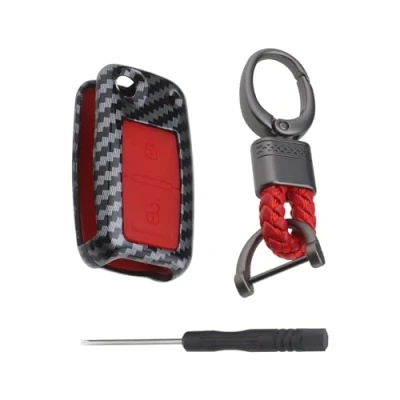 Abbildung von YINETTECH 2 Tasten ABS Carbon Fiber Shell Silikon Autoschlüsselhüllen Cover Smart Key Fob mit Schlüsselanhänger Kompatibel VW Golf 4 5 6 (Rot)