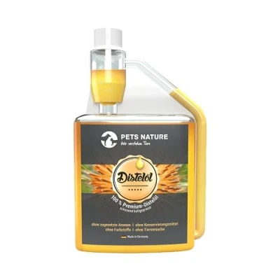 Abbildung von Pets Nature Distelöl für Hund und Katze reines Premium reich an Omega 6 Fettsäure Linolsäure 100% natürlich, schonend kaltgepresst, Made in Germany (500 ml)