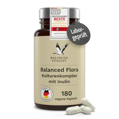 Abbildung von Balanced Flora Kulturen Komplex 20 Mrd. KBE je Tagesdosis 180 vegane Kapseln 3 Monatsvorrat Bakterienstämme + Inulin magensaftresistent ohne Zusatzstoffe Vitality