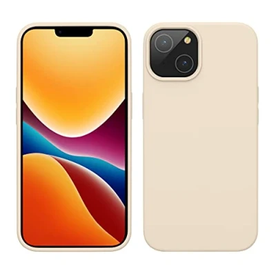 Abbildung von kwmobile Hülle für das iPhone 14 dünnes Silikon Handy Case stoßfeste Handyhülle mit weicher Oberfläche unterstützt kabelloses Laden Creme