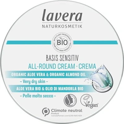Abbildung von lavera basis sensitiv Allround Creme Naturkosmetik vegan Bio Aloe Vera &amp; Mandelöl zertifiziert 150 ml, weiß