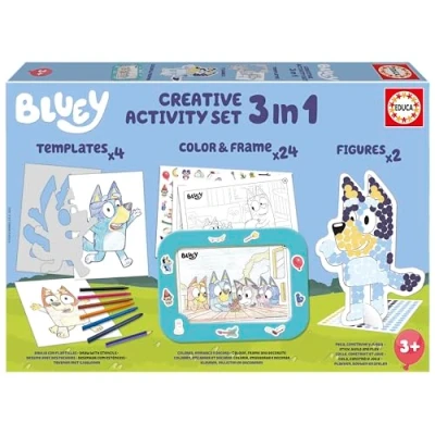 Abbildung von Educa Bluey 3 in 1 Kreativset mit DREI Aktivitäten: Malen nach Zahlen, Erstellen von 2 3D Figuren zum Dekorieren &amp; Zeichnen Charakteren aus der Serie mithilfe Vorlagen. Ab Jahren
