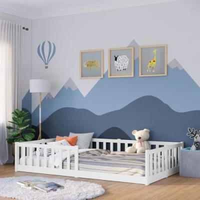 Abbildung von Bellabino Bodenbett Vere 120x200 mit Rausfallschutz und Rolllattenrost, Montessori Kinderbett für Jungen &amp; Mädchen, Kinder Bett aus Kiefernholz Kinderzimmer, in Weiß