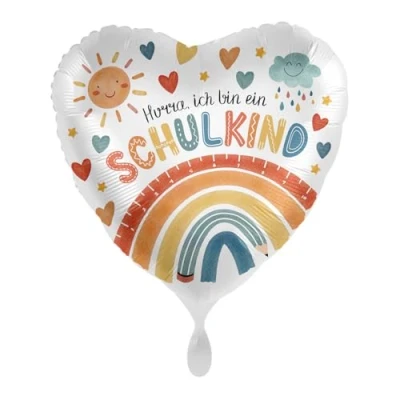 Abbildung von Herz Folienballon * Hurra, Du bist ein Schulkind als Deko und Geschenk zum Schulanfang Einschulung Größe: 43cm Partydeko Luftballon Herzen Ballon Kinder Schule Schulstart ABC
