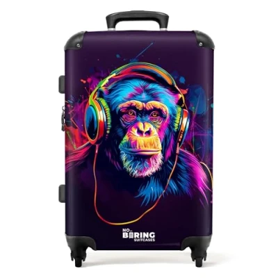 Abbildung von NoBoringSuitcases.com© Hartschalen Trolley Schimpanse mit Kopfhörern in Neonfarben 67x43x25cm, 4 Rollen, Mittelgroßer Reisetasche Kinderkoffer