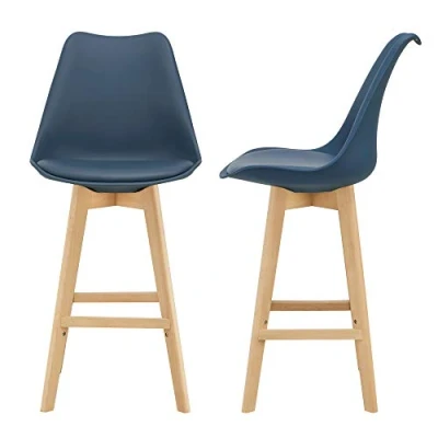 Abbildung von [en.casa] Barhocker 2er Set Barstuhl mit Rückenlehne Bistrohocker gepolsterter Sitzfläche Tresenhocker Holzgestell Buche Gestell Blau
