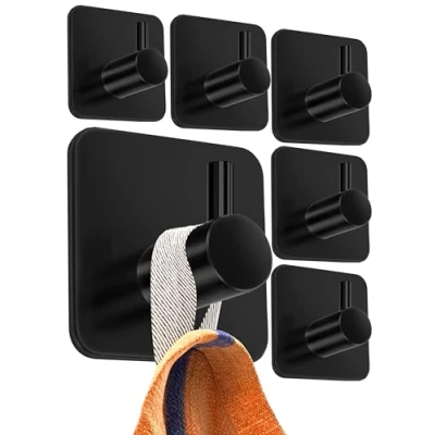 Abbildung von 4smile Handtuchhalter ohne Bohren, 6er Set, schwarz Badezimmer aus Edelstahl, funktionale Klebehaken, hohe Tragkraft Wasserfeste Haken für Bad, selbstklebend, Handtuchhaken