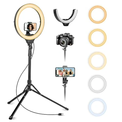 Abbildung von Aureday Ringlicht mit Stativ, 14 Zoll Selfie 62 Stativ Ständer Zusammenklappbar für Live Stream/Makeup/YouTube Video/Fotografie