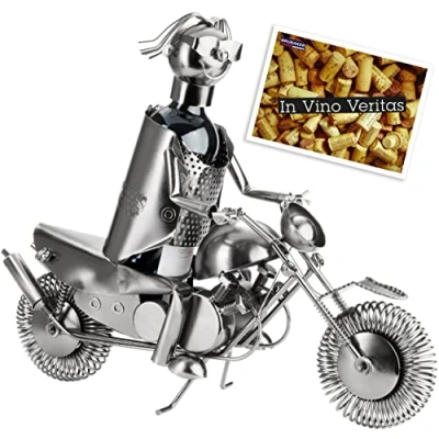 Abbildung von BRUBAKER Weinflaschenhalter Motorradfahrer mit Sonnenbrille Flaschenhalter, (inklusive Grußkarte), Weinhalter Metall Skulptur, Wein Geschenk