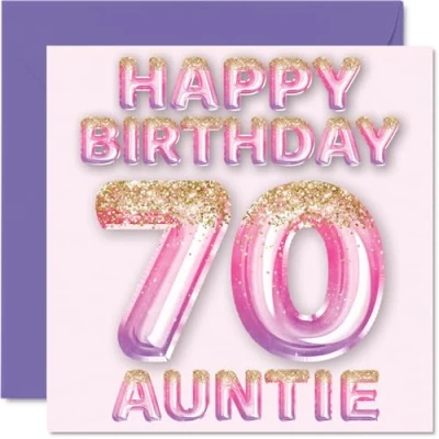 Abbildung von Stuff4 Geburtstagskarte zum 70. Geburtstag für Tante rosa &amp; lila Glitzerballons Happy Birthday Karten 70 Jahre alte von Neffe Nichte, 145 mm x