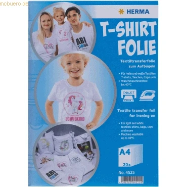 Abbildung von HERMA 4525 Textilfolie für helle und weiße Textilien, 20 Stück, Bügelfolie A4 zum selbst gestalten, T Shirt Transfer Folie Bedrucken Aufbügeln, bedruckbare Inkjet Drucker Transferfolie