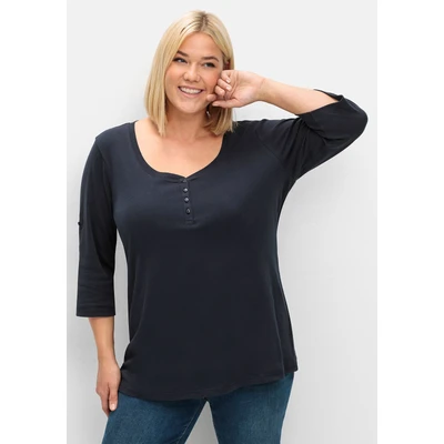 Abbildung von Sheego Henley Langarmshirt, Damen, Größe: 44/46, Tiefblau