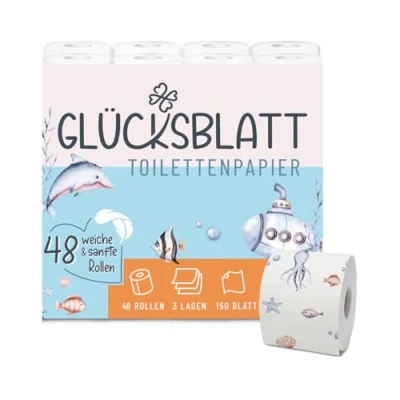 Abbildung von Glücksblatt Toilettenpapier mit bedruckten Motiven, 3 lagig, 48 Rollen x 150 Blatt, 100% Zellstoff, superweiches Klopapier, WC Papier, Verpackung aus mind. 30% PCR