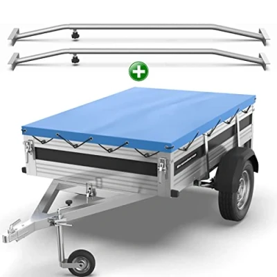Abbildung von Tarpofix® Anhängerplane 209x134 mm + 2x Planenbügel Anhänger Plane Flachplane aus PVC PLANENMATERIAL Verstärkte Brenderup für 750kg PKW Hänger Abdeckplane Flachplanenbügel