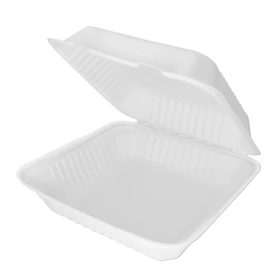 Abbildung von 50 Clamshells Bio Zuckerrohr Bagasse Menübox Lunchbox 46 x 20,3 4,6 cm (weiß)