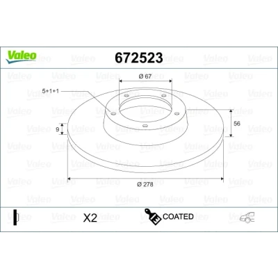 Abbildung von VALEO 672523 Bremsscheibe Hinterachse 278 9 5 voll beschichtet MERCEDES BENZ: C Klasse Limousine, CLK Coupe, E Limousine
