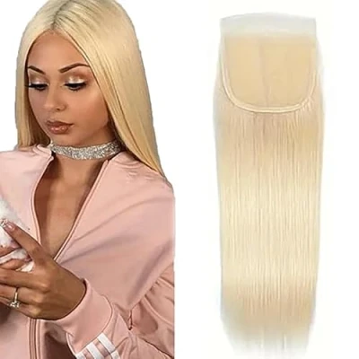 Abbildung von Tuheerst Lace Closure Brazilian Human Hair 4x4 Straight Blonde with Baby Frontal Top Swiss for Woman 16 Inch