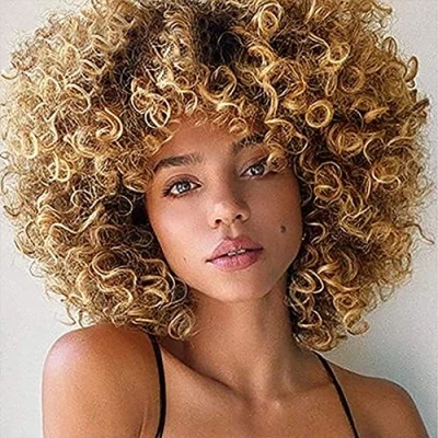 Abbildung von ColourfulPanda Afro Perücke Braun Blond Brazilian Synthetische Brasilianisches Verworrene Lockige Natürliche Haar für Frauen, Kinky Curly mit Pony kurze Perücken Schwarze Damen (Braun Blond)